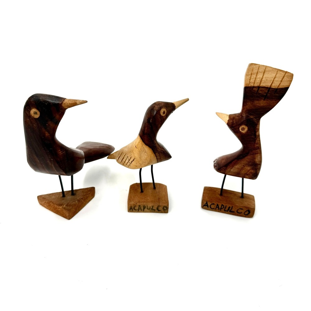 Vintage Hand Carved Wood Bird Figurines Set of 3 Acapulco Mexico MCM Folk Art‎
